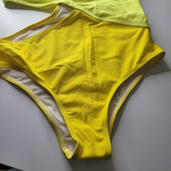 Yellow One Shoulder Swimsuit Block Colors Cutout Side‎ Womens Large Neon Bright - Picture 7 of 13